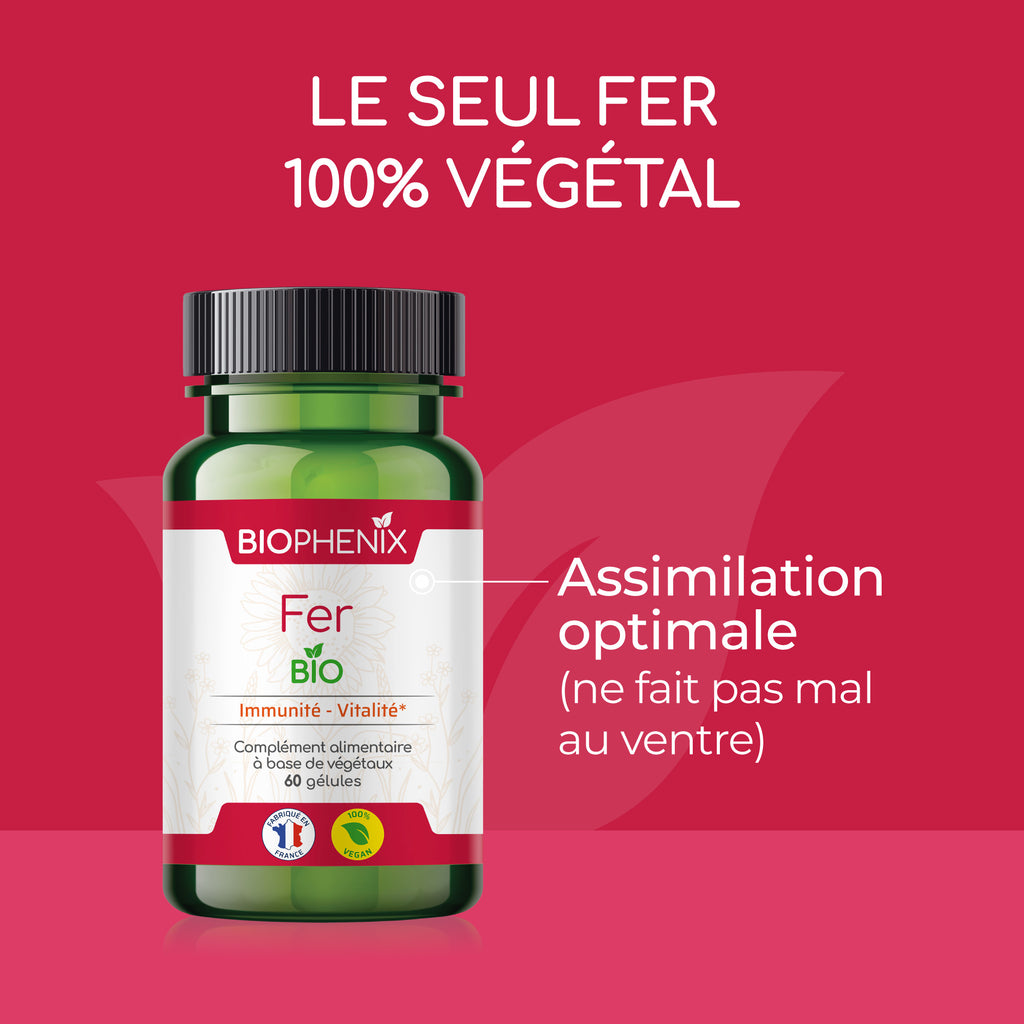 Pilulier de 90 gélules de complément alimentaire fer naturel biologique