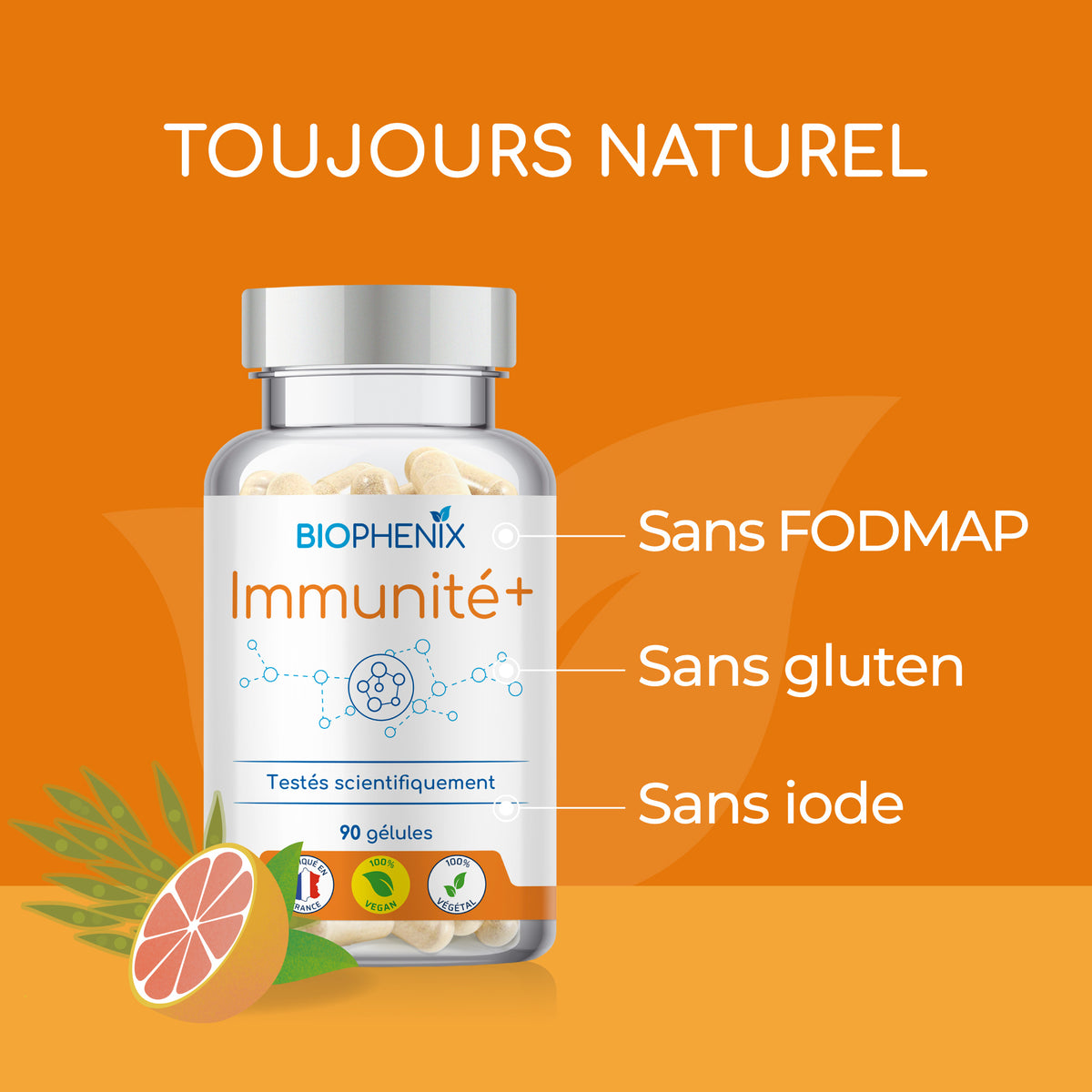 Pilulier de 90 gélules de Biophénix Immunité Plus, complément alimentaire naturel pour la santé immunitaire et le microbiote