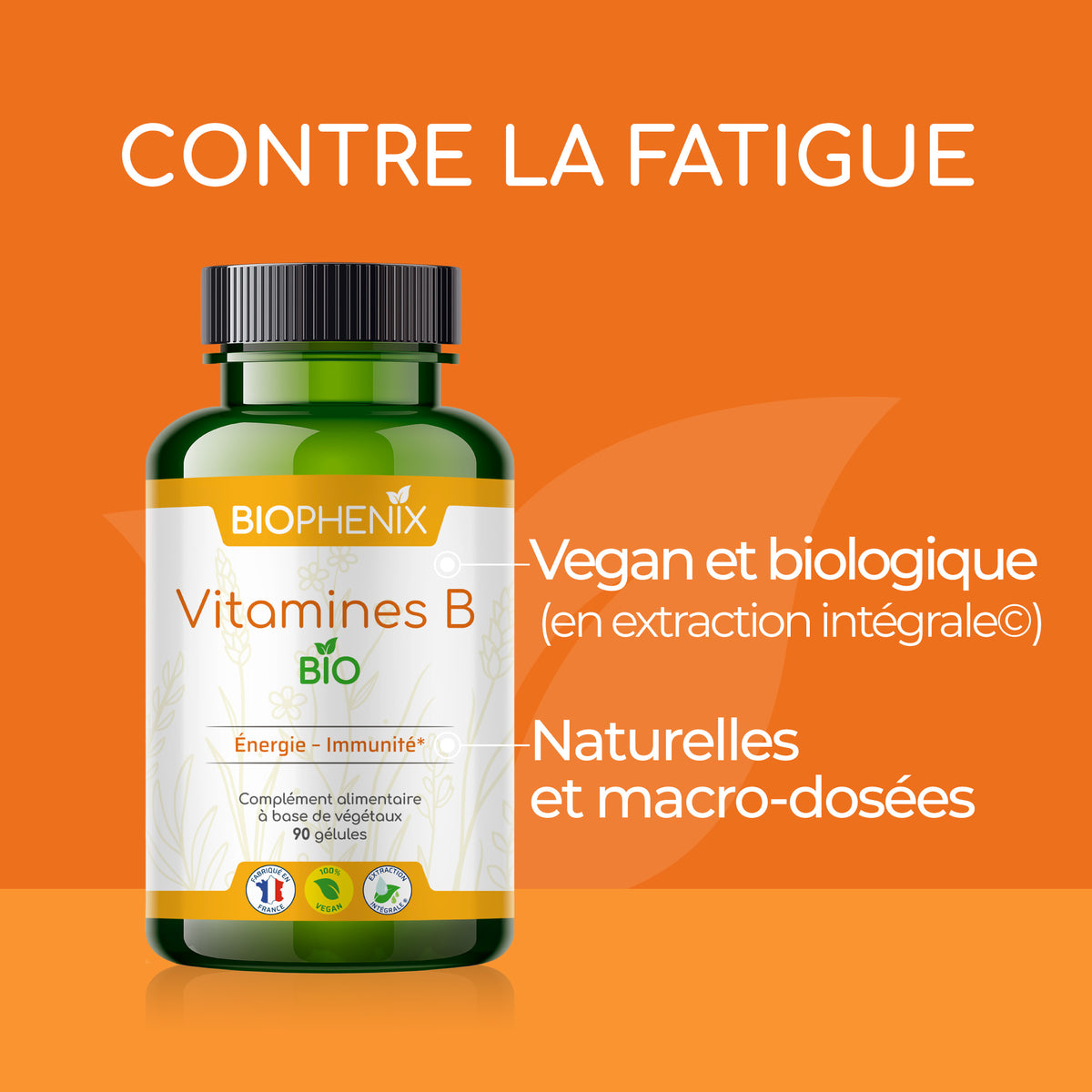 Pilulier de 90 gélules de vitamines B (B1, B2, B3, B5, B6, B8, B9, B12) naturelles biologiques vegans