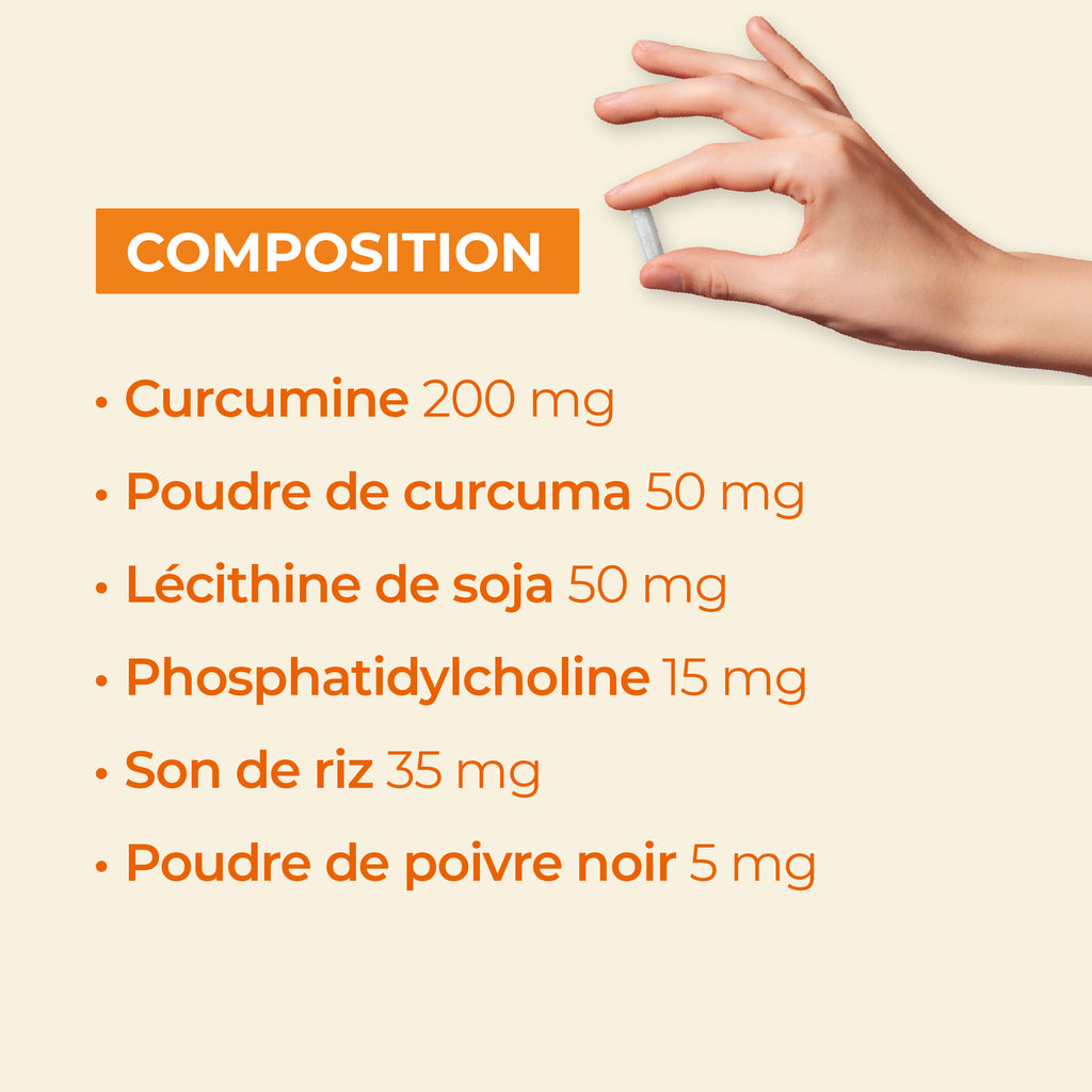 Pilulier de 60 capsules de curcuma concentré naturel vegan pour favoriser apaisement des douleurs articulaires et des troubles digestifs
