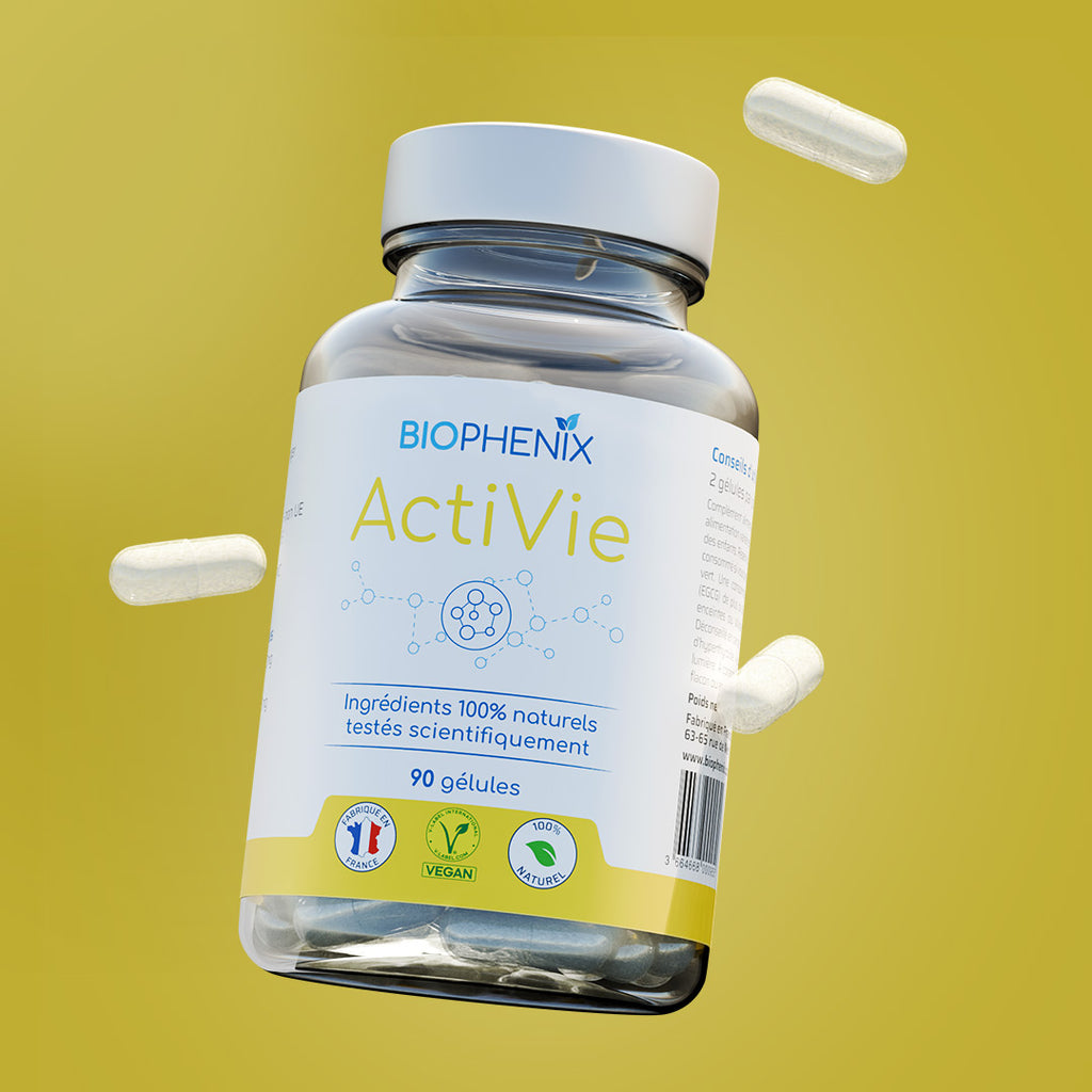 Pilulier de 90 gélules Biophénix ActiVie, complément alimentaire contribuant à lutter contre la fatigue