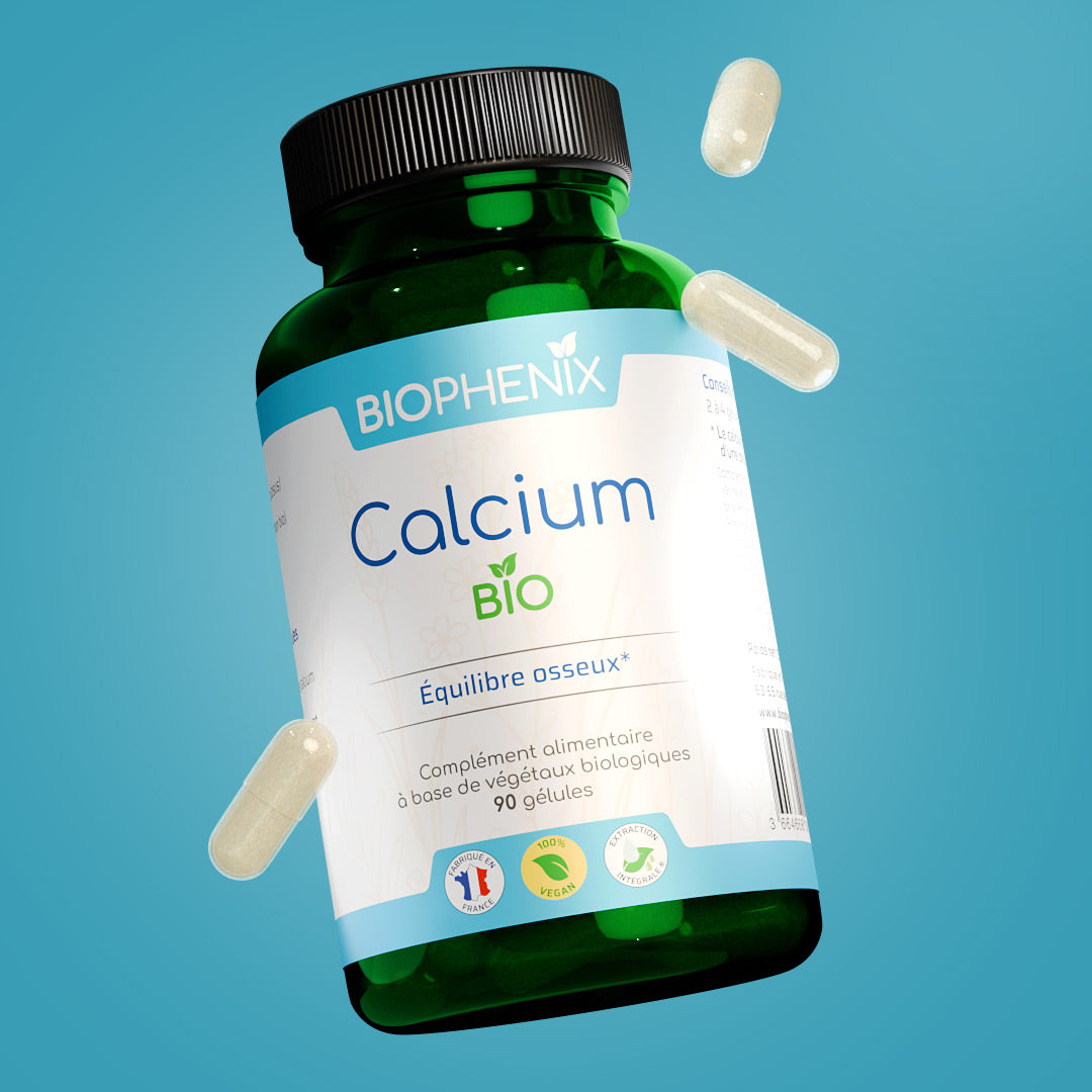 Pilulier de 90 gélules de calcium végétal naturel biologique pour des os et des dents solides et apaiser crampes et spasmes.