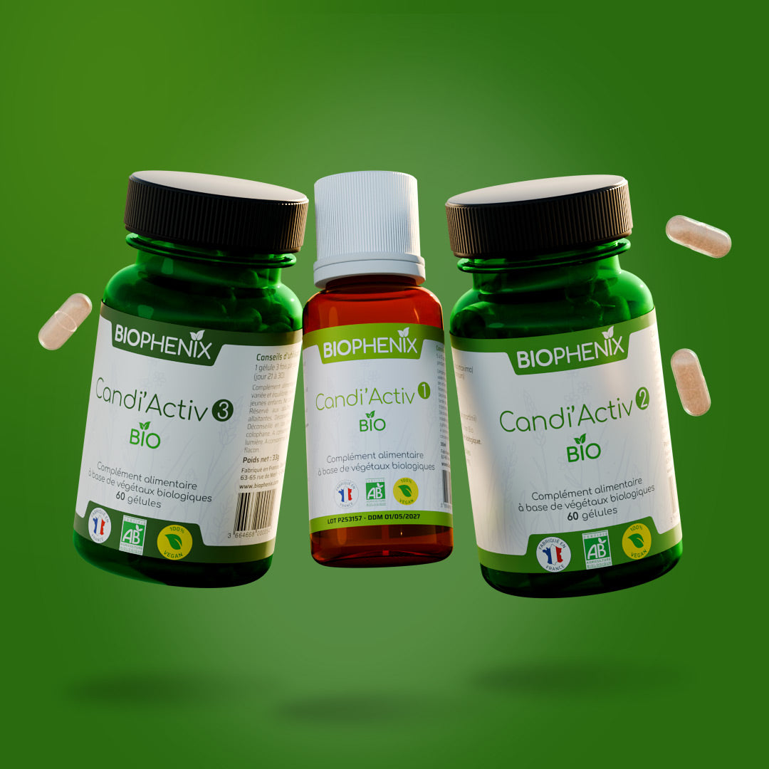 Flacon de 30 ml et 2 Piluliers de 60 gélules de complément alimentaire naturel biologique pour lutter contre le candida albicans : 3 protocole. Image