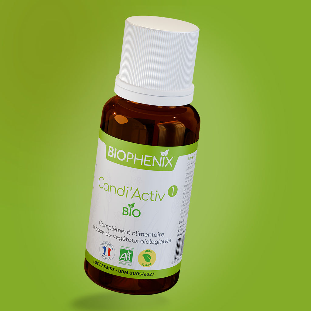 Flacon de 30 ml de complément alimentaire naturel biologique pour lutter contre le candida albicans : 1 sur 3 du protocole.