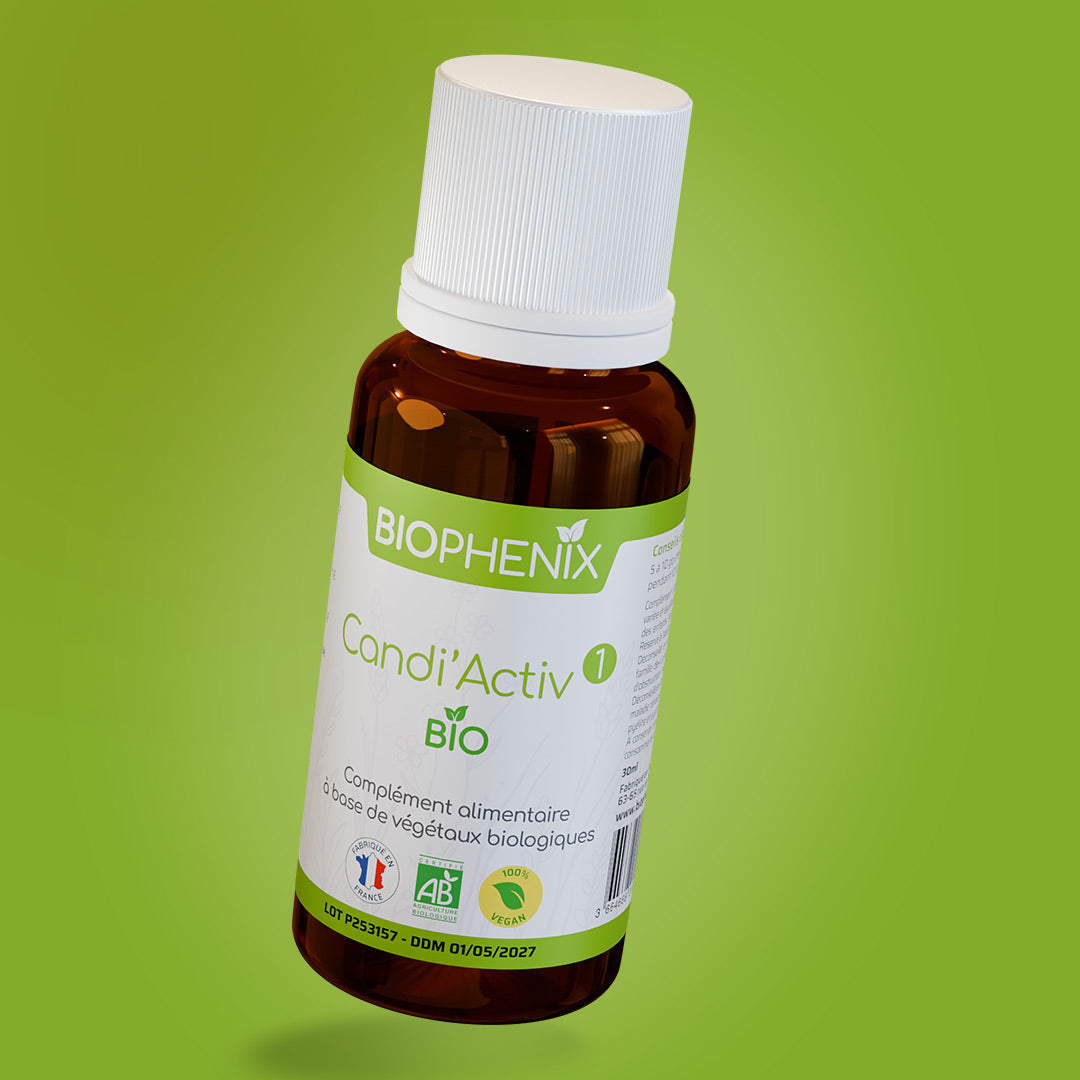 Flacon de 30 ml de complément alimentaire naturel biologique pour lutter contre le candida albicans : 1 sur 3 du protocole.
