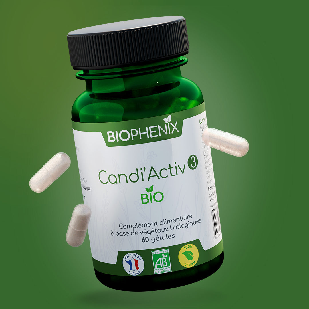 Pilulier de 60 gélules de complément alimentaire naturel biologique pour lutter contre le candida albicans : 3 sur 3 du protocole.