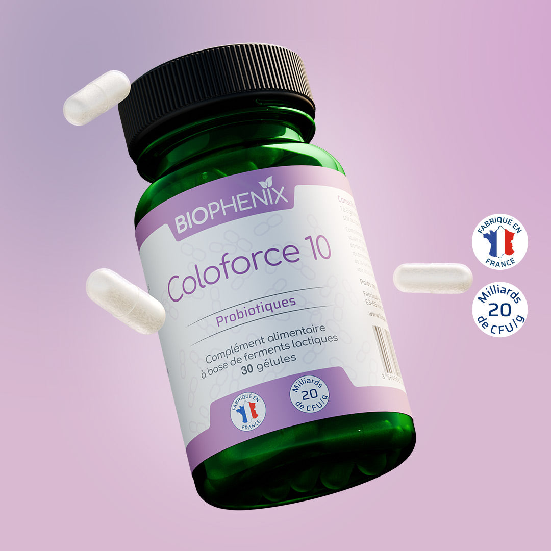 Pilulier de 60 gélules de complément alimentaire probiotique apaiser intestin irritable, équilibrer flore et transit.