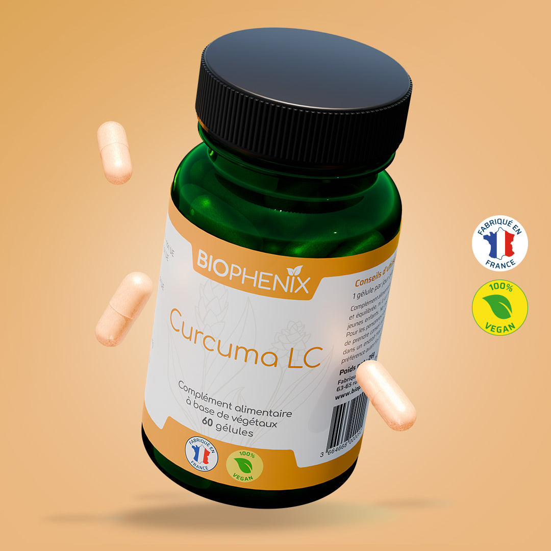 Pilulier de 60 capsules de curcuma concentré naturel vegan pour favoriser apaisement des douleurs articulaires et des troubles digestifs