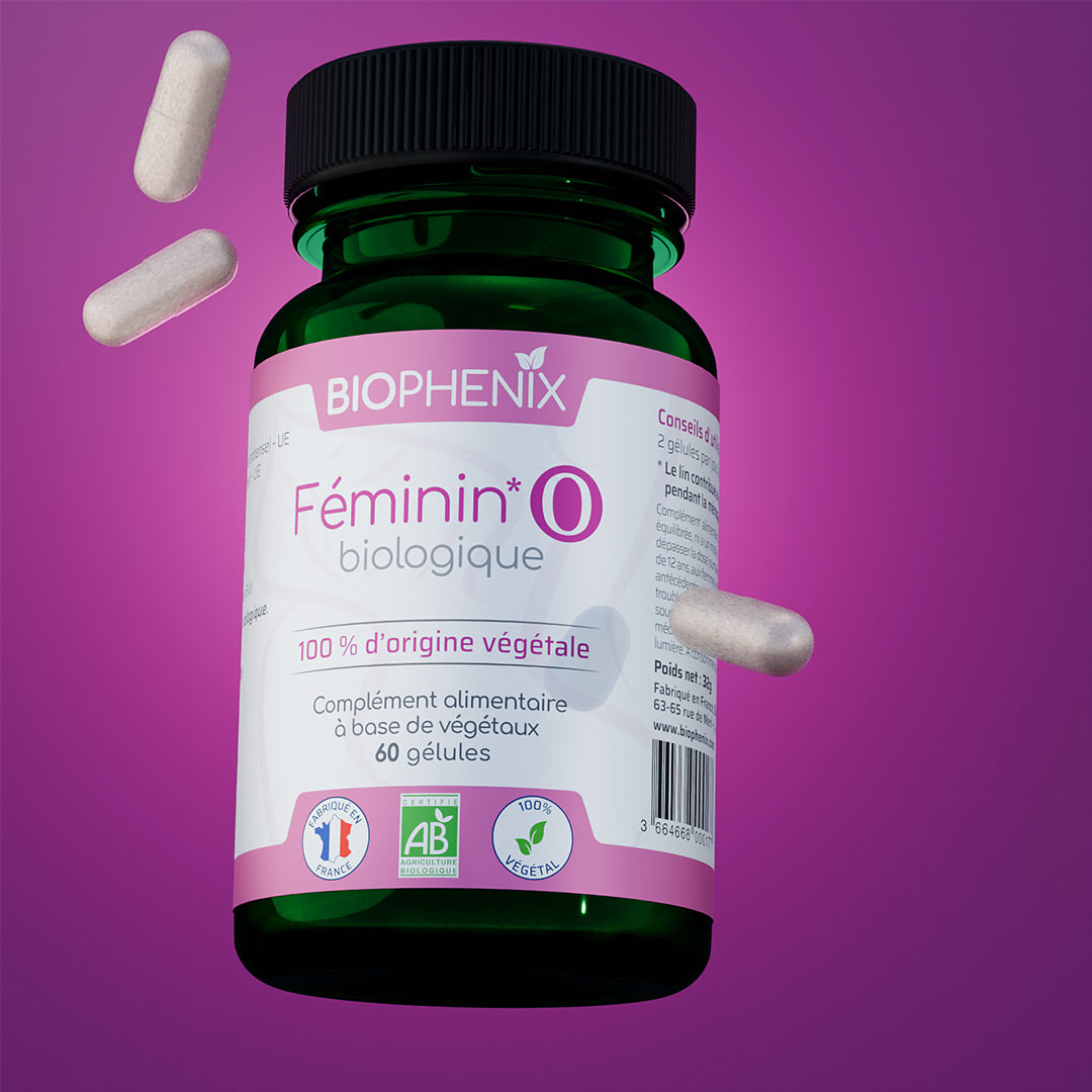 Pilulier de 60 gélules de complément alimentaire naturel, oestrogène naturel biologique pour favoriser l’équilibre hormonal