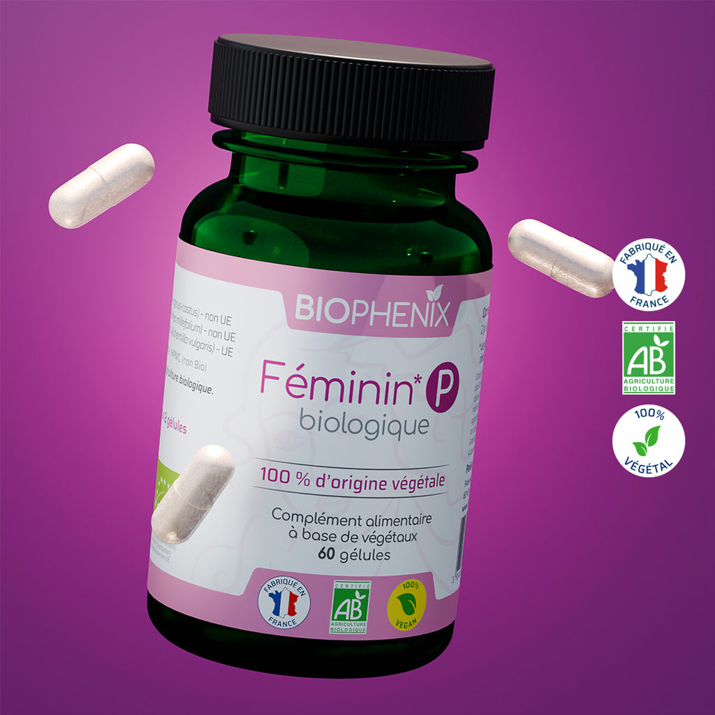 Pilulier de 60 gélules de complément alimentaire naturel, oestrogène naturel biologique pour favoriser l’équilibre hormonal