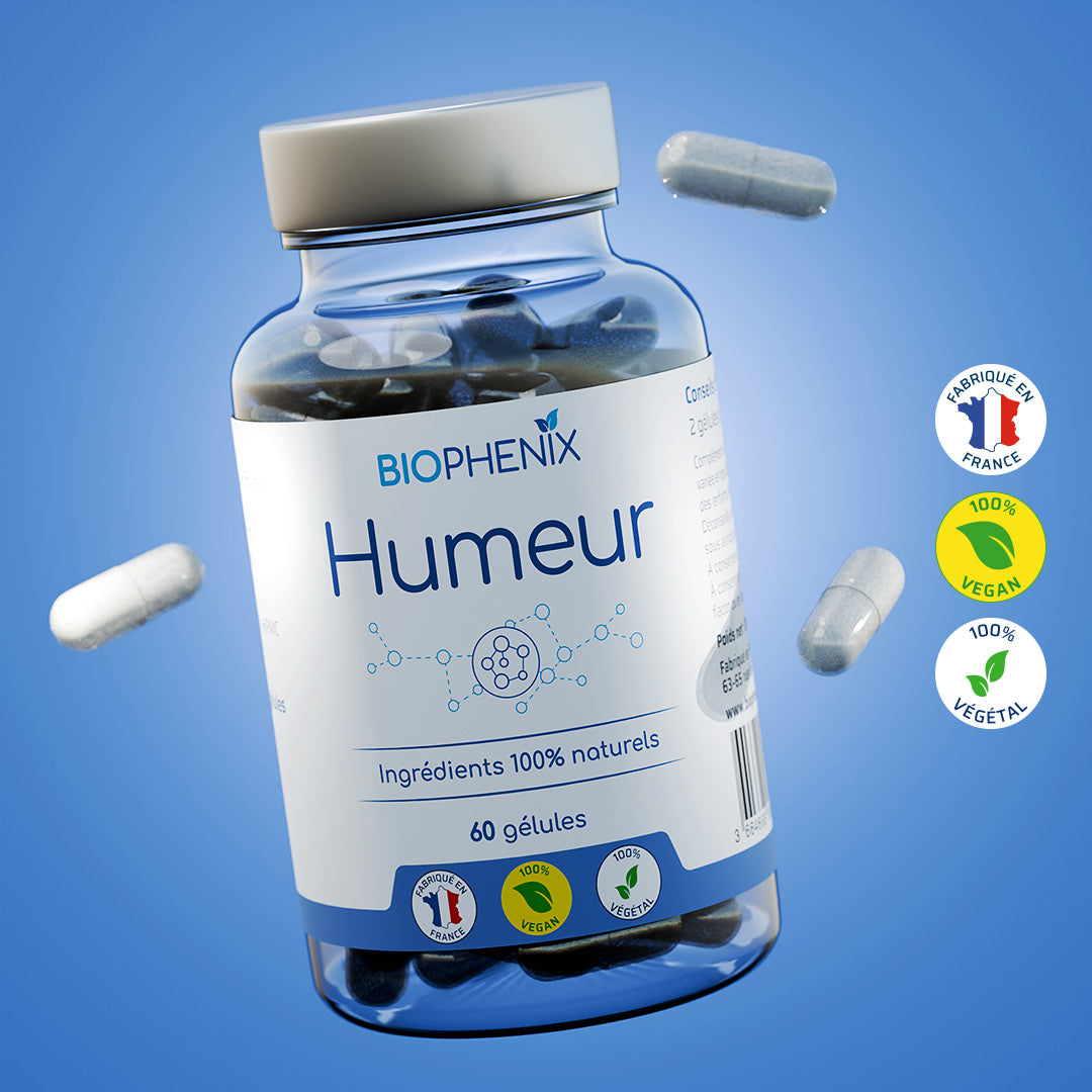 Pilulier de 90 gélules de Biophénix Humeur, complément alimentaire naturel biologique pour gestion du stress et de l’anxiété et favoriser qualité du sommeil
