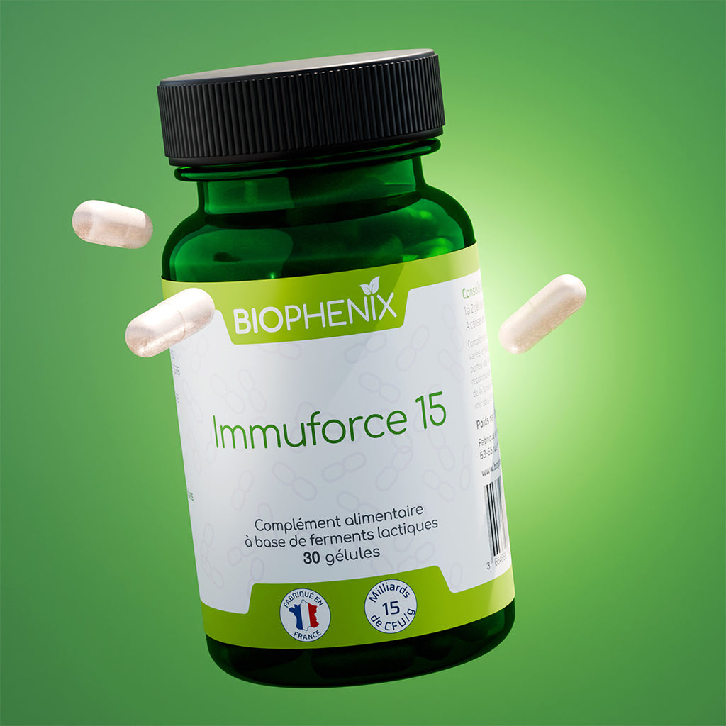 Pilulier de 30 gélules de Biophénix Immuforce 15, probiotique naturel conçu pour l’équilibre du système immunitaire et de la flore intestinale