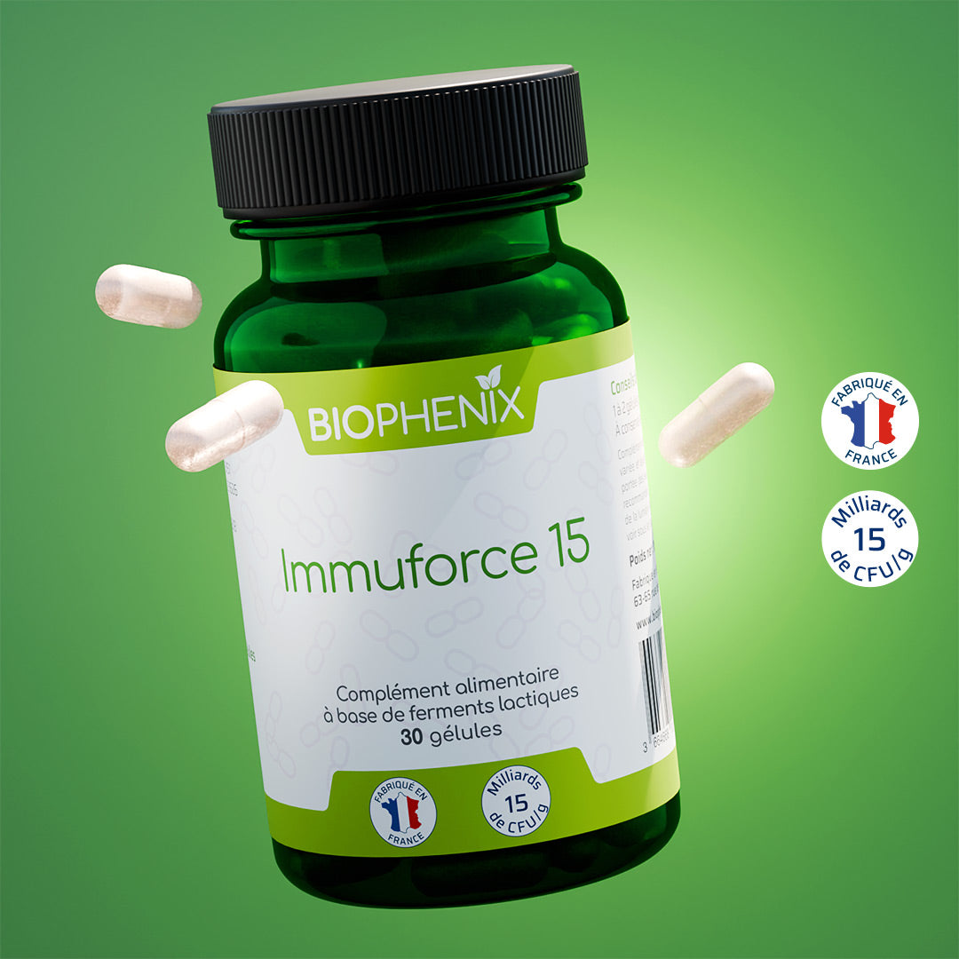 Pilulier de 30 gélules de Biophénix Immuforce 15, probiotique naturel conçu pour l’équilibre du système immunitaire et de la flore intestinale