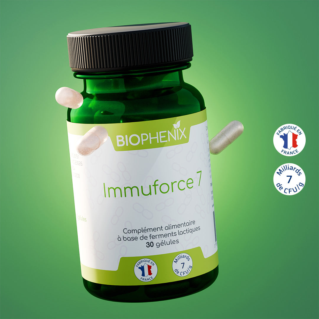 Pilulier de 30 gélules de Biophénix Immuforce 7, complément alimentaire probiotique naturel pour l’équilibre du microbiote (flore intestinale) et favoriser la gestion des troubles intestinaux.