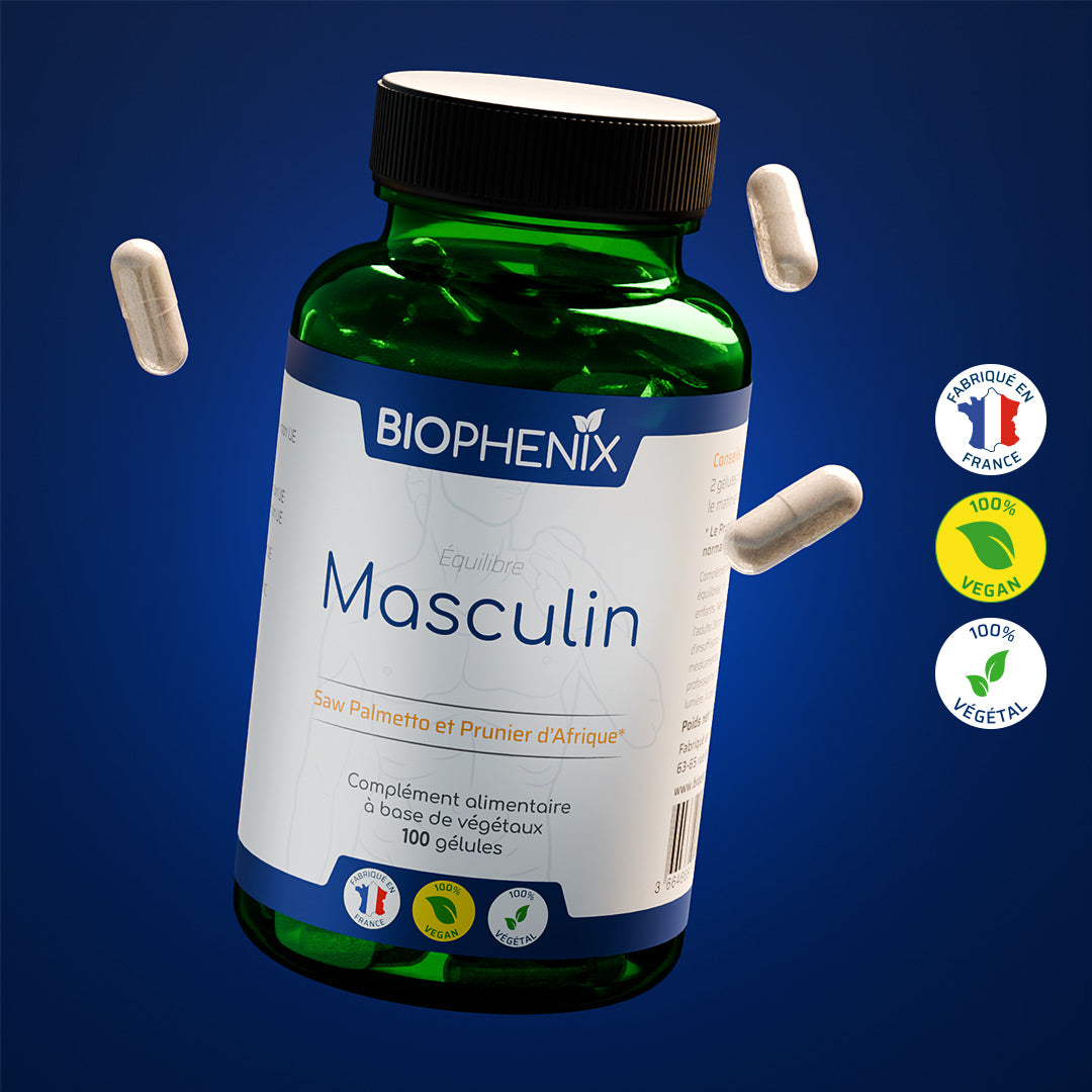 Pilulier de 100 gélules de Biophénix Masculin, solution naturelle pour aider à mieux vider sa vessie