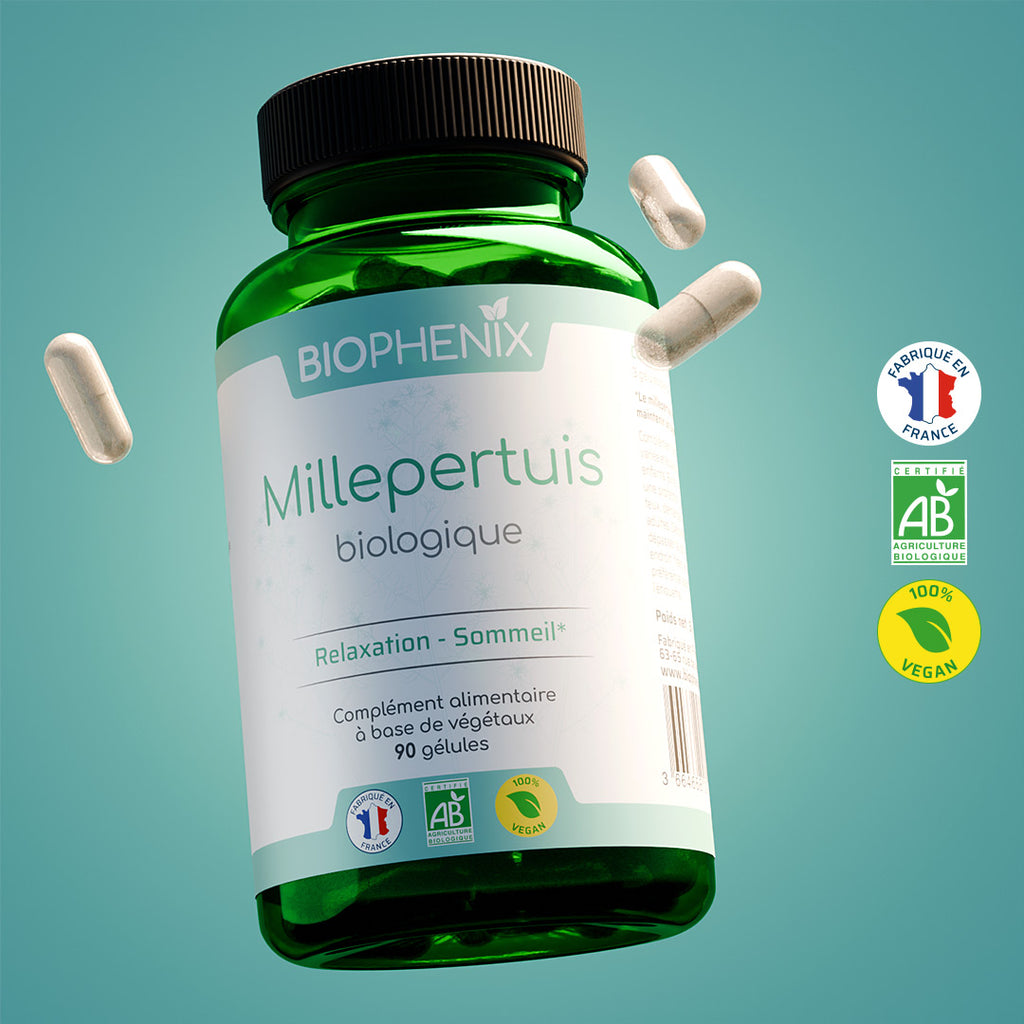 Pilulier de 90 gélules de complément alimentaire pour renforcer l'immunité, combattre la fatigue mentale et équilibrer l'humeur.