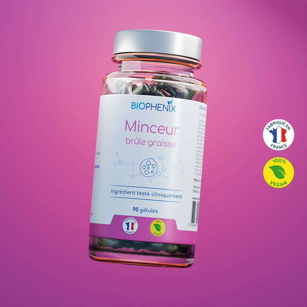 Pilulier de 90 gélules de Biophénix Minceur, complément alimentaire naturel biologique pour effet de satiété et équilibre de la flore et du transit
