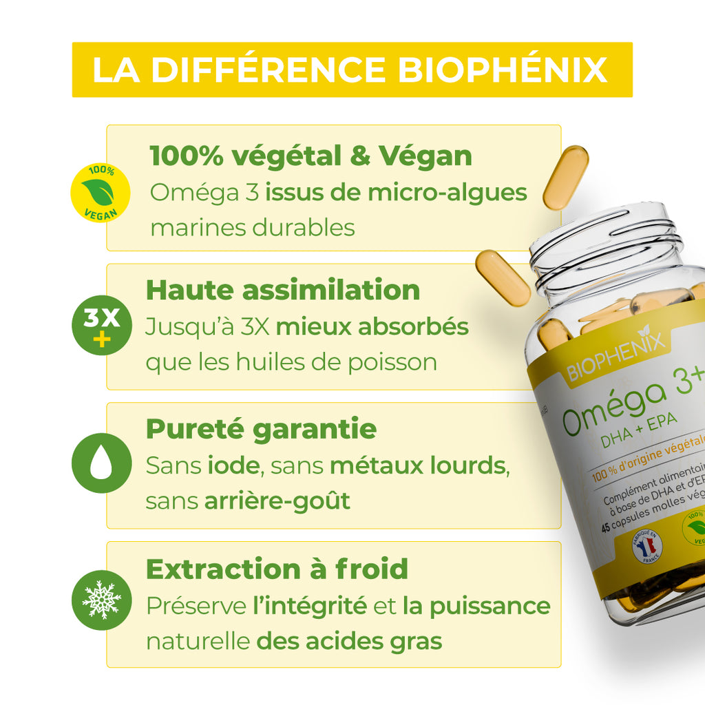Boite de 45 capsules molles d’oméga-3 DHA et EPA naturel végétal vegan