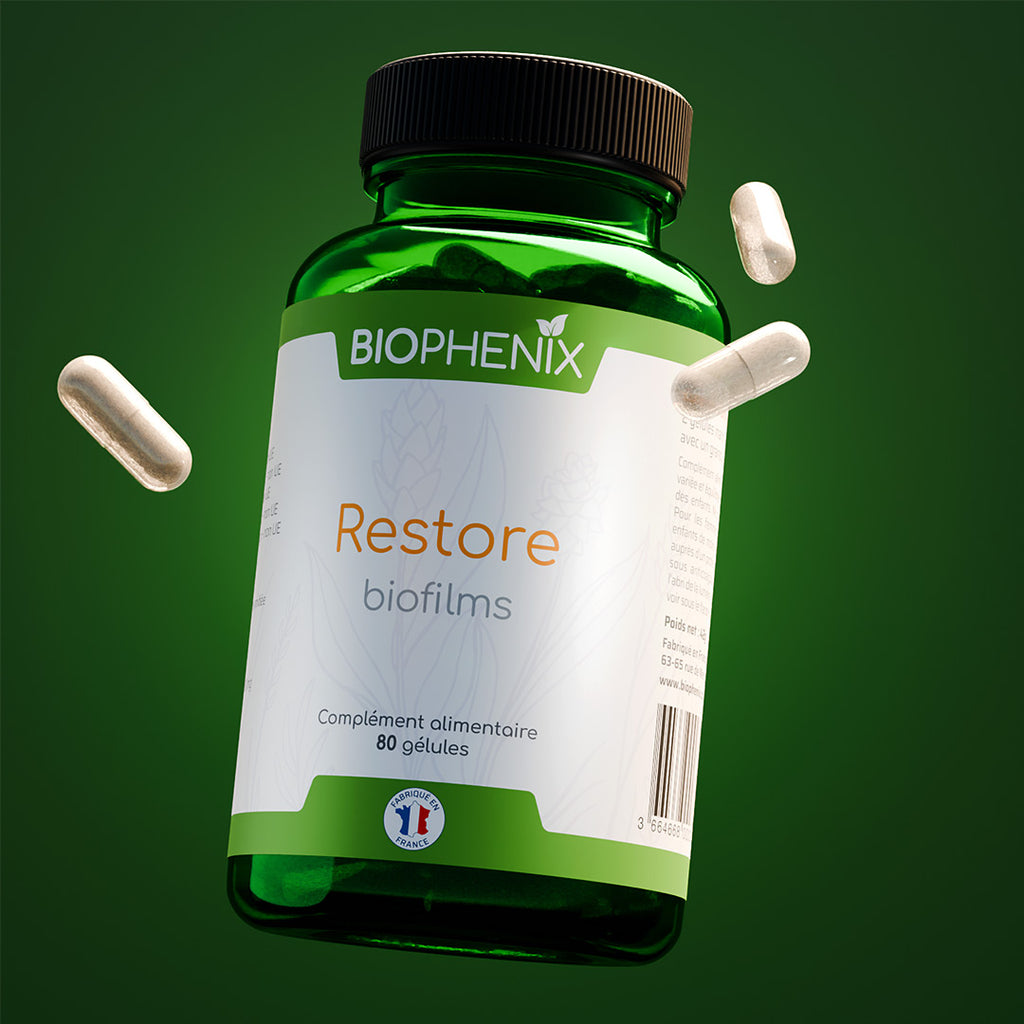 Pilulier de 80 gélules de Biophénix Restore, complément alimentaire naturel pour favoriser l’apaisement de la muqueuse intestinale