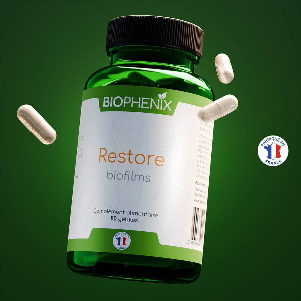 Pilulier de 80 gélules de Biophénix Restore, complément alimentaire naturel pour favoriser l’apaisement de la muqueuse intestinale