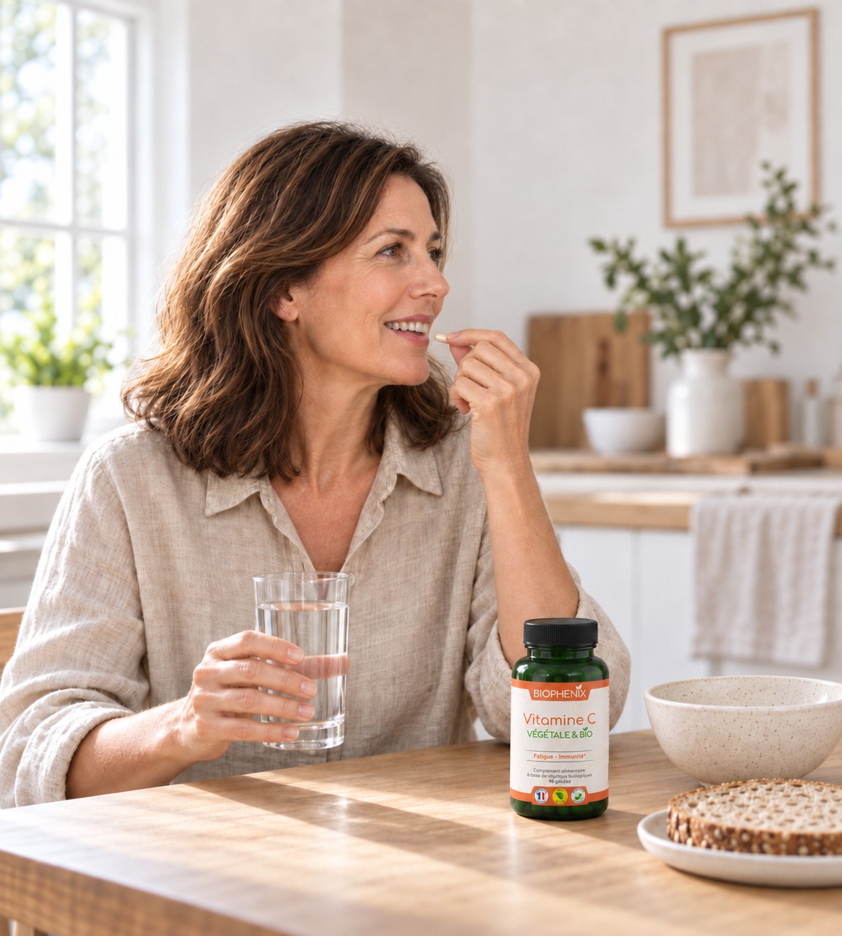 Une femme prend sa vitamine C le matin dans sa cuisine, le pilulier posé sur la table