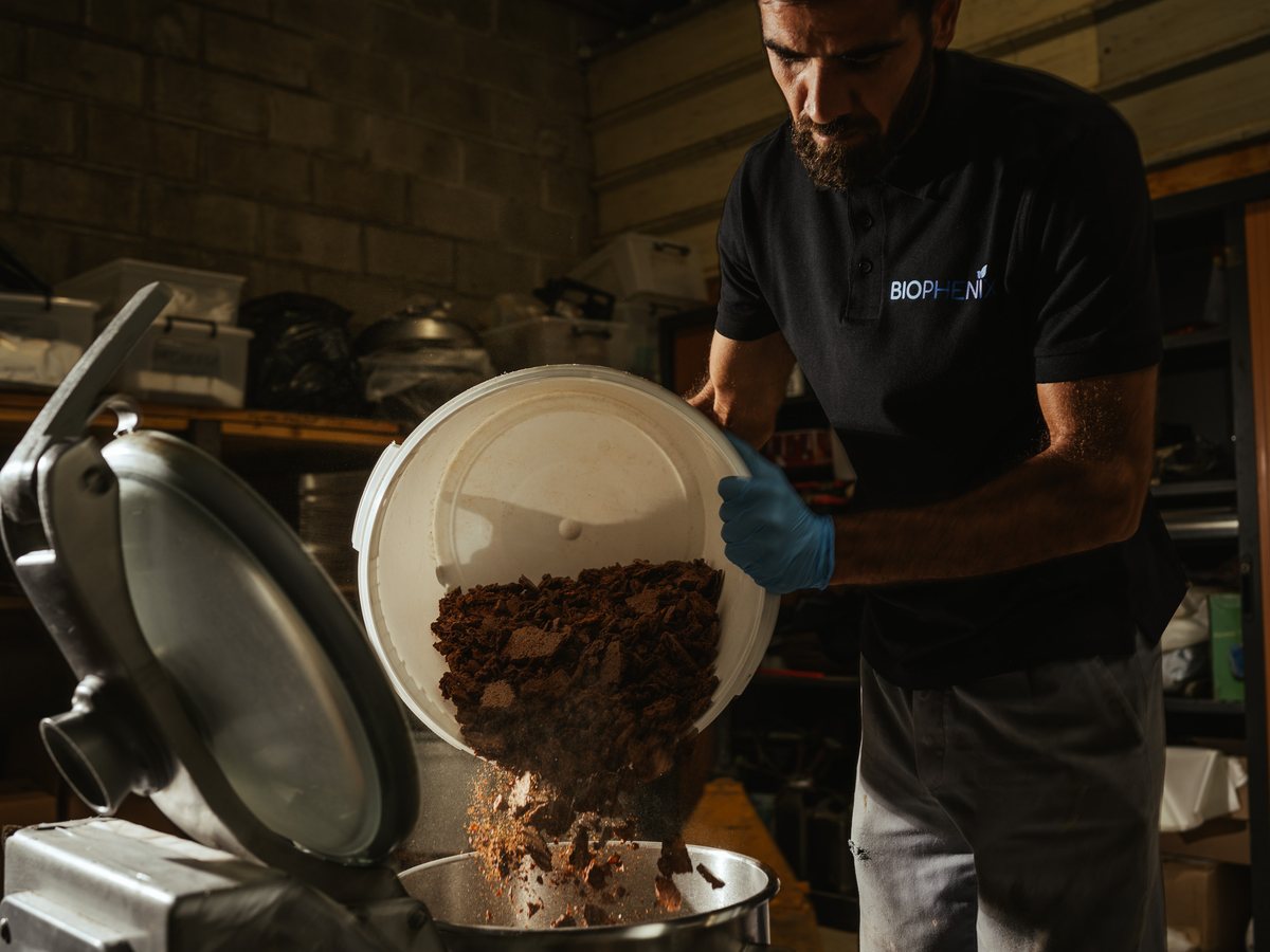 Dans l’atelier, le végétal séché est versé dans la cuve d’extraction