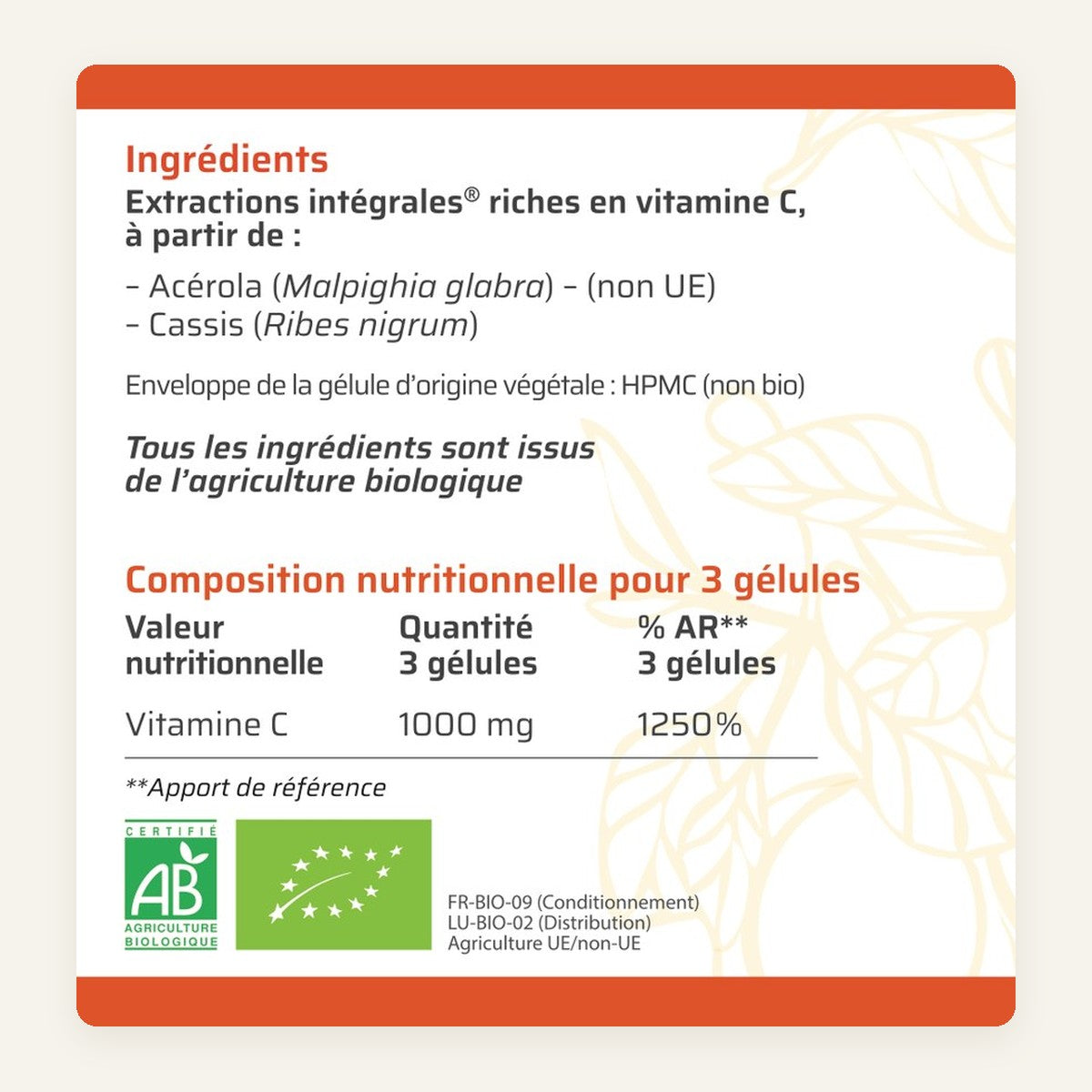 L’étiquette de la Vitamine C Biophénix : ingrédients (acérola bio, cassis bio, enveloppe HPMC) et composition nutritionnelle pour 3 gélules