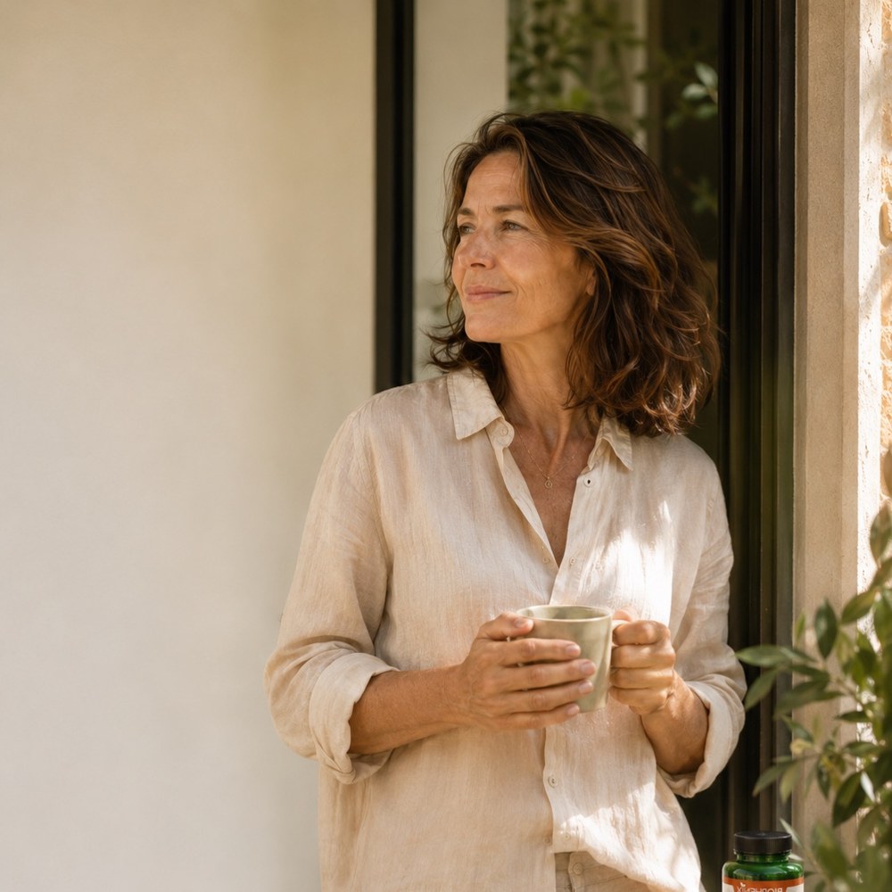 Une femme à sa fenêtre, le matin, une tasse entre les mains