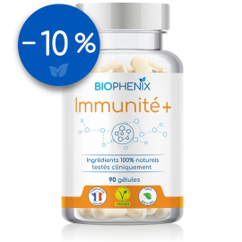 Pilulier de 90 gélules de Biophénix Immunité Plus, complément alimentaire naturel pour la santé immunitaire et le microbiote