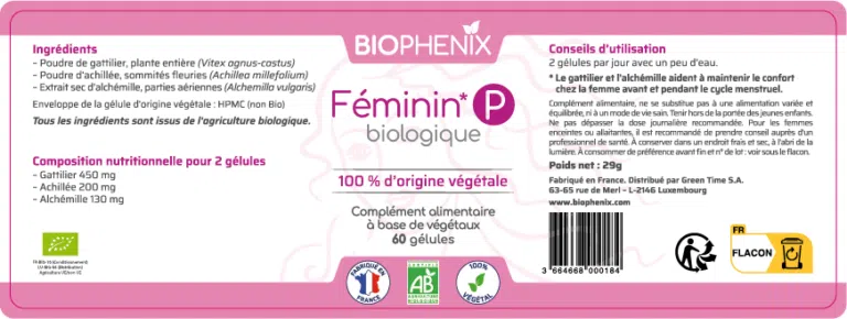 Pilulier de 60 gélules de complément alimentaire naturel, oestrogène naturel biologique pour favoriser l’équilibre hormonal