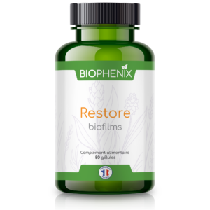 Pilulier de 90 gélules de Biophénix Restore, complément alimentaire naturel pour favoriser l’apaisement de la muqueuse intestinale