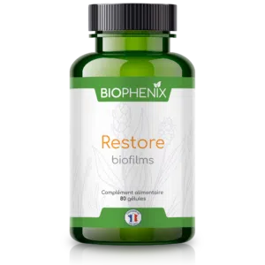 Pilulier de 90 gélules de Biophénix Restore, complément alimentaire naturel pour favoriser l’apaisement de la muqueuse intestinale