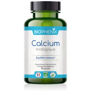 Pilulier de 90 gélules de calcium végétal naturel biologique pour des os et des dents solides et apaiser crampes et spasmes.