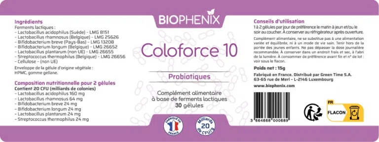 Etiquette du pilulier de 60 gélules de complément alimentaire probiotique apaiser intestin irritable, équilibrer flore et transit.