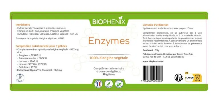 etiquette du pilulier de 90 gélules de complément alimentaire enzymes digestives