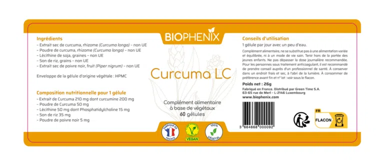 Etiquette du pilulier de 60 capsules de curcuma concentré naturel vegan pour favoriser apaisement des douleurs articulaires et des troubles digestifs