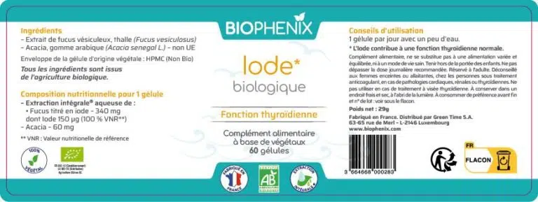 Pilulier de 60 gélules d'iode naturel biologique végétal