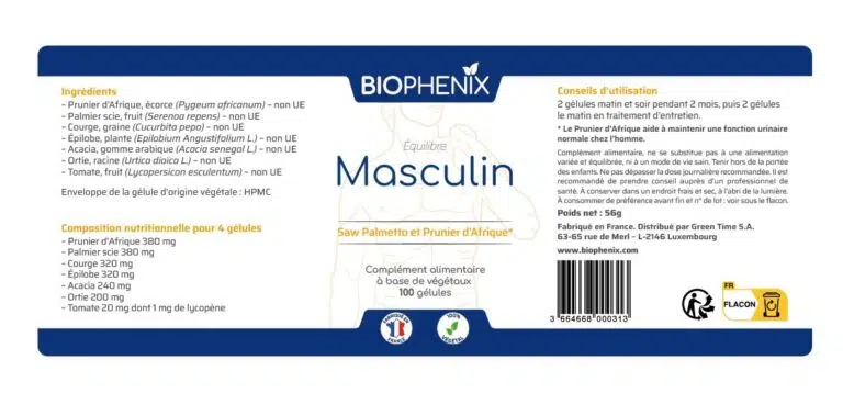 Pilulier de 90 gélules de Biophénix etiuette du produit masculin, solution naturelle pour aider à mieux vider sa vessie