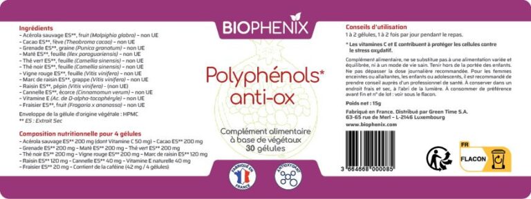 Pilulier de 60 gélules de Biophénix polyphénols antioxydants effet anti-âge