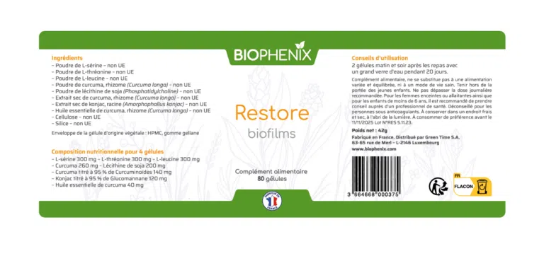 Pilulier de 90 gélules de Biophénix Restore, complément alimentaire naturel pour favoriser l’apaisement de la muqueuse intestinale