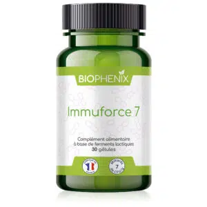 Pilulier de 30 gélules de Biophénix Immuforce 7, complément alimentaire probiotique naturel pour l’équilibre du microbiote (flore intestinale) et favoriser la gestion des troubles intestinaux.