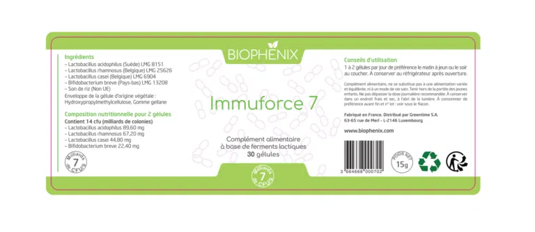 Pilulier de 30 gélules de Biophénix Immuforce 7, complément alimentaire probiotique naturel pour l’équilibre du microbiote (flore intestinale) et favoriser la gestion des troubles intestinaux.