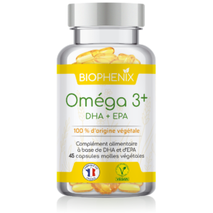 Pilulier de 45 capsules molles d’oméga-3 DHA et EPA naturel végétal vegan,