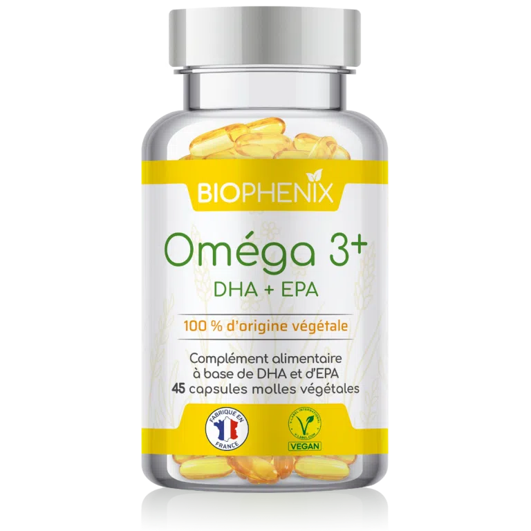 Pilulier de 45 capsules molles d’oméga-3 DHA et EPA naturel végétal vegan,