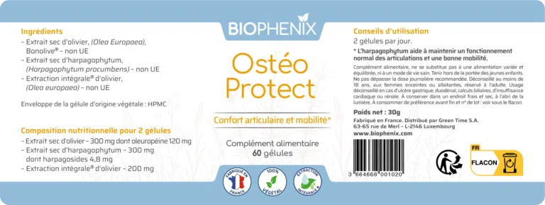 Pilulier de 60 gélule de Biophénix Ostéo, complément alimentaire naturel biologique pour préserver le capital osseux et favoriser l’apaisement des douleurs articulaires